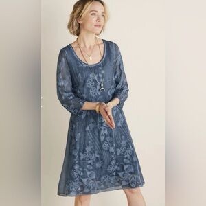 Soft Surroundings Women's Starling 100% Silk Boho Embroidered Dress Small Blue